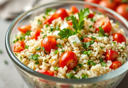 Healthy bulgur salad with tomatoes, feta cheese and parsleyの素材