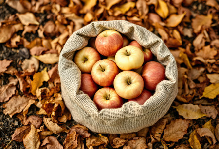 Fresh apples in a burlap bag on the ground among fallen leavesの素材