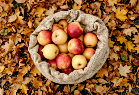 top view of basket with red and yellow apples on autumnal leavesの素材