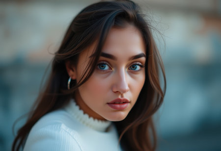 Portrait of a beautiful girl in a white sweater with blue eyes.の素材