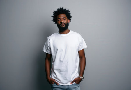 Handsome african american man in white t-shirt on grey backgroundの素材