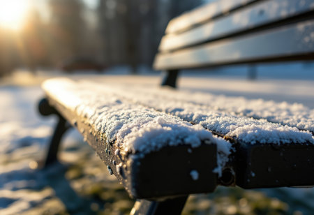Bench covered with snow in the park at sunset. Selective focus.の素材