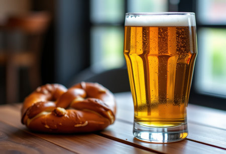 Beer and pretzel on a wooden table in a pub or restaurantの素材