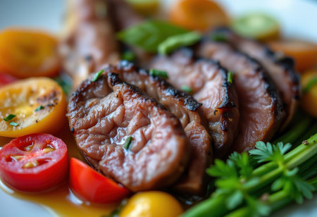 Grilled duck breast with cherry tomatoes and herbs, selective focus.の素材