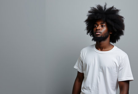 African american man with afro hairstyle looking away isolated on greyの素材