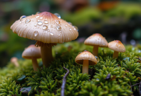 mushrooms in the forest with water droplets on the leavesの素材