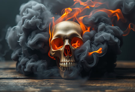 Burning human skull with smoke on wooden table. Halloween concept.の素材