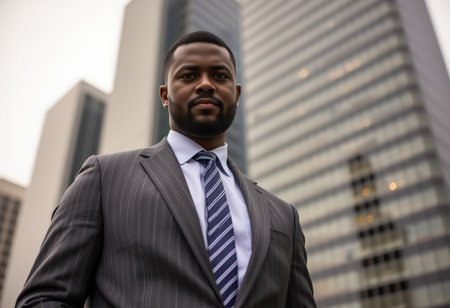 Portrait of an african american businessman standing in the cityの素材