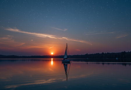 Sailboat on the lake at night with stars in the skyの素材