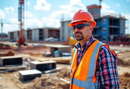 Portrait of a builder in a helmet on the background of a construction siteの素材