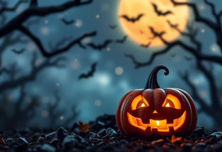 Halloween pumpkin on the background of a full moon. 3d renderingの素材
