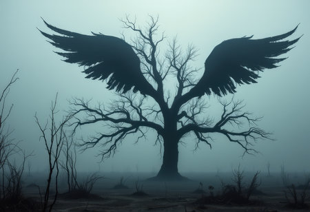 Dead tree with black wings in foggy forest, 3d renderの素材