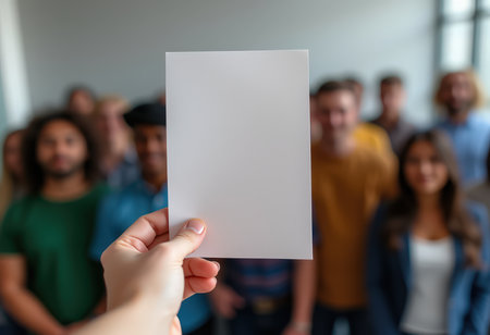 Close-up of female hand holding blank paper in front of group of peopleの素材