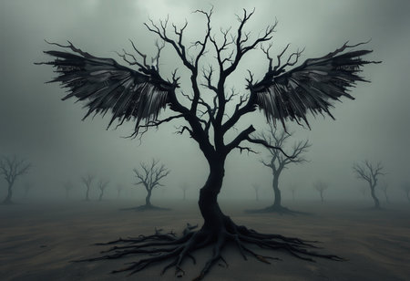 3D rendering of a dead tree with black wings in the fogの素材