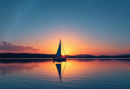Sailboat on the lake at night with starry sky.の素材