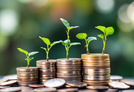Plant growing on coins stack with bokeh background, business growth conceptの素材