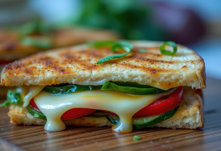 sandwich with cheese and vegetables on a wooden board. selective focusの素材