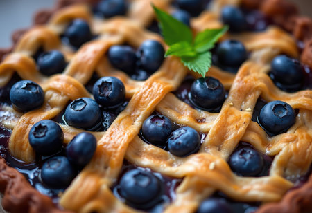 close up of rustic blueberry pie on wooden table, shallow depth of fieldの素材