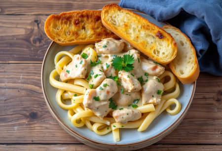 Pasta with chicken fillet and cream sauce on a wooden tableの素材