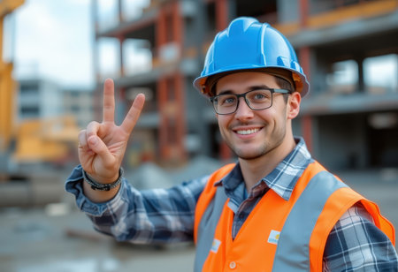 Portrait of a smiling male engineer showing victory sign on construction siteの素材