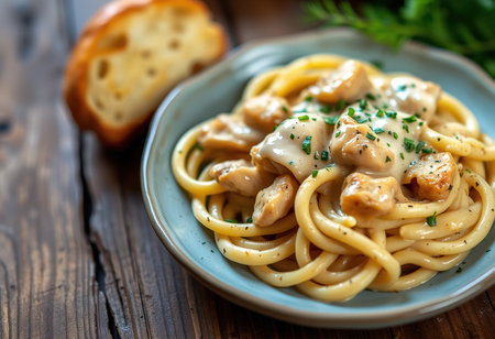 Spaghetti with chicken and cream sauce on wooden table, close upの素材