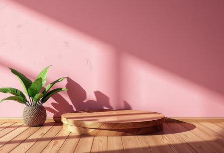 Wooden podium on pink wall with palm leaf. 3D renderingの素材