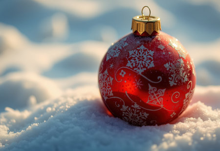 Red Christmas ball on white snow background with copy space for your textの素材