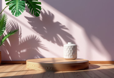 3d render of white vase on wooden podium with palm leaf shadow on wallの素材