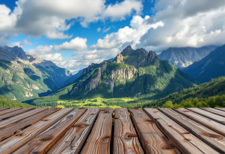 Wooden floor against the background of the mountains and the sky with cloudsの素材