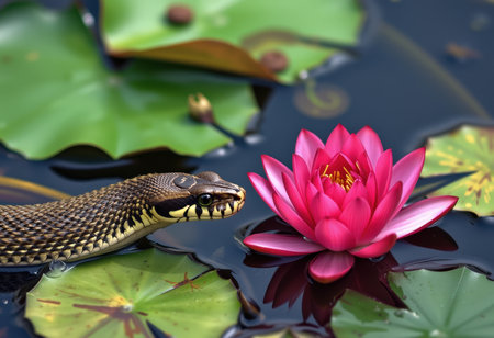 Grass snake and pink water lily in the pond with green leavesの素材