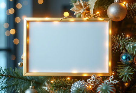 Blank photo frame hanging on christmas tree with bokeh backgroundの素材