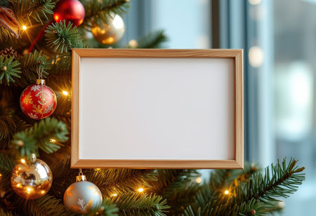 Christmas tree with blank frame on blurred background. Mockup for designの素材