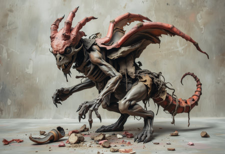 Fantasy dragon statue on a gray background. Halloween. Horror.の素材