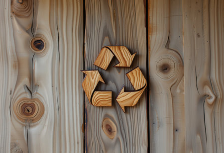 Wooden recycling symbol on a wooden background. Recycling symbol.の素材