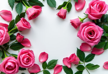 Frame made of pink roses and green leaves on white background. Flat lay, top view.の素材