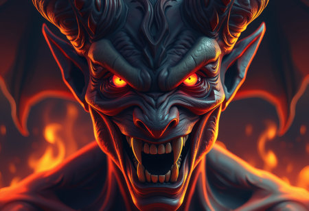 monster monster with fangs and eyes in flames. 3d illustrationの素材