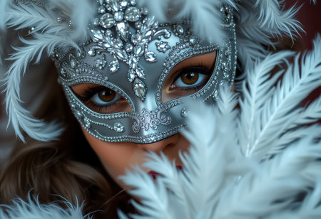 Close-up portrait of a beautiful girl in a carnival maskの素材