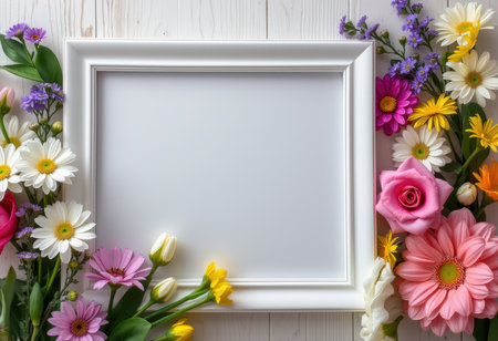 White frame with flowers on wooden background. Flat lay, top viewの素材