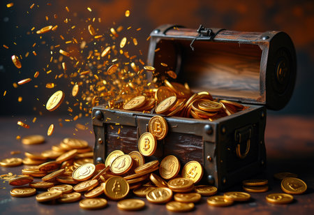 Treasure chest full of gold coins. Treasure and wealth concept.の素材