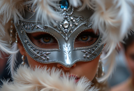 Venetian carnival mask close-up. Portrait of a woman in a carnival mask.の素材