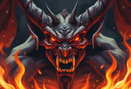 Demon head with fire flames on black background. Fantasy illustration. Digital art.の素材