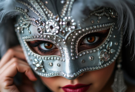 Closeup portrait of a beautiful girl in a Venetian maskの素材