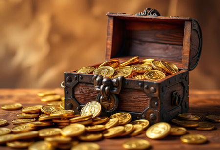 Treasure chest full of gold coins on a wooden table. Treasure conceptの素材