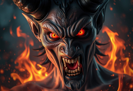 Scary monster in fire. Halloween concept. 3D illustration.の素材