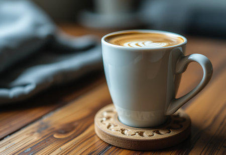Coffee cup on wooden table in coffee shop, stock photoの素材