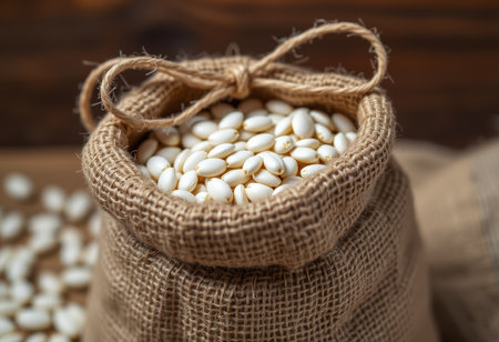 White beans in a burlap bag on a wooden background. Selective focus.の素材