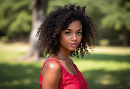 Portrait of a beautiful african american woman in the parkの素材