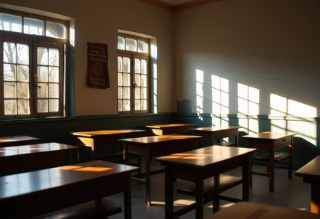 Interior of an old school classroom with tables, chairs and windowsの素材