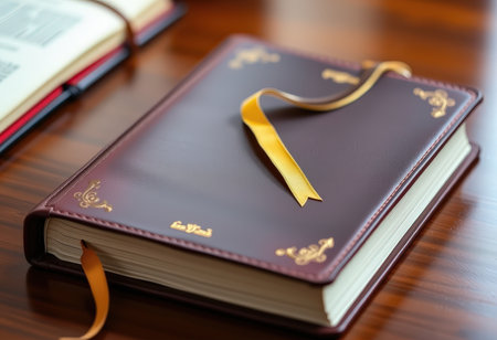 Holy Bible with golden ribbon on wooden table. Shallow DOFの素材