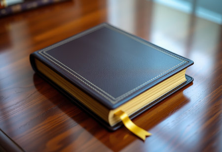 Black leather book on a wooden table. Close up. Selective focus.の素材